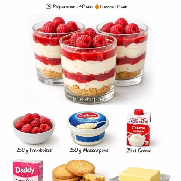 Verrines gourmandes de crème vanille et framboises fraîches