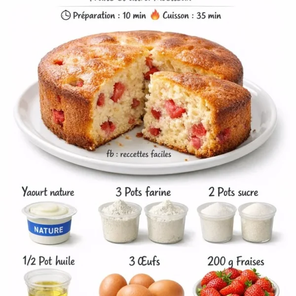 Gâteau moelleux aux fraises et yaourt sur assiette blanche
