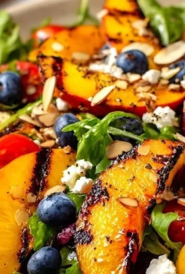Easy grilled peach salad with greens and nuts on a plate