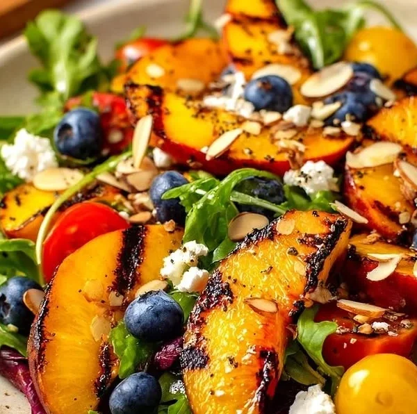 Easy grilled peach salad with greens and nuts on a plate