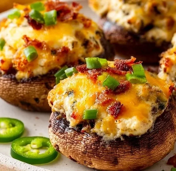 Easy jalapeño popper stuffed mushrooms on a serving platter