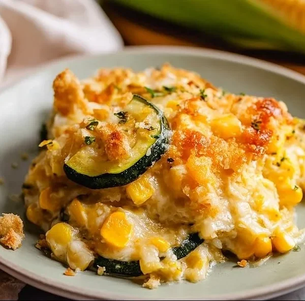 Easy yellow squash and corn casserole baked in a dish