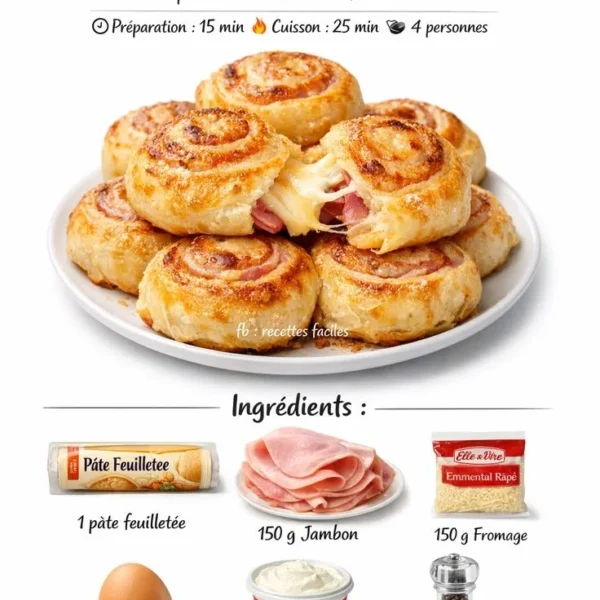 Feuilleté roulé jambon-fromage doré, prêt à être servi en apéritif.