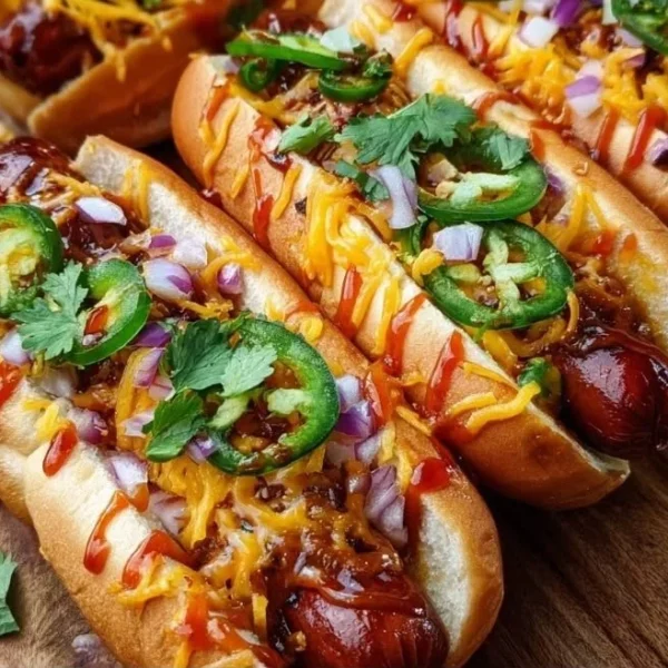 Firecracker hot dogs garnished with spices and sauces for a sweet and spicy flavor