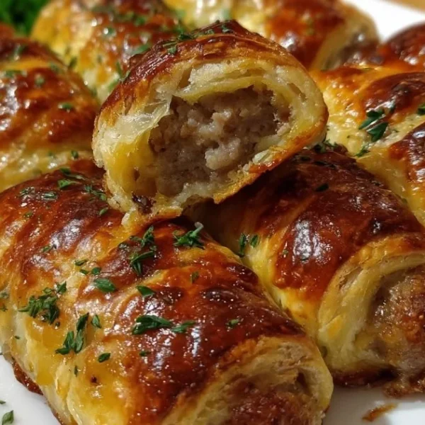 Delicious French Onion Sausage Rolls arranged on a platter.