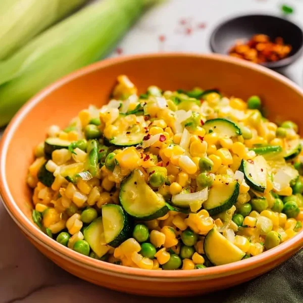 Delicious fresh corn and zucchini succotash served in a bowl