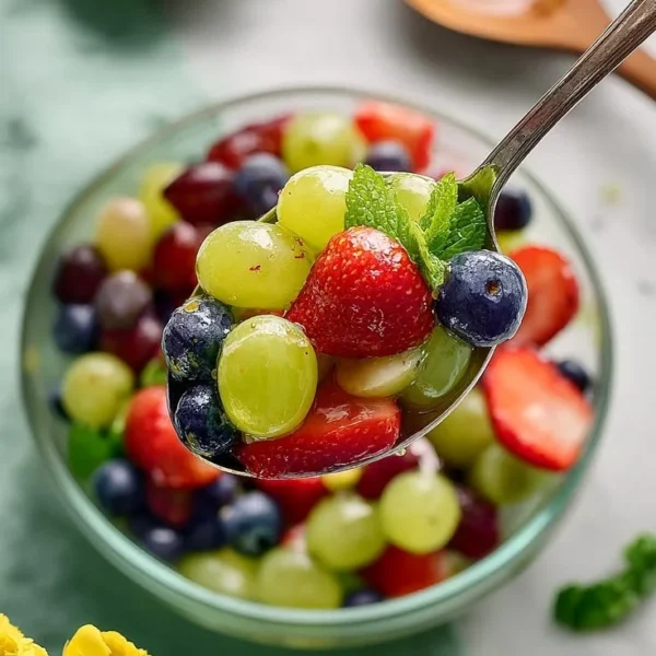 Colorful fruit salad topped with zesty lemon dressing