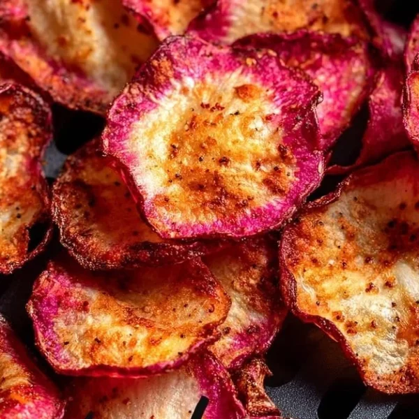 Crispy Garlic Air Fryer Radish Chips served in a bowl