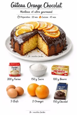 Recette de Gâteau Orange Chocolat avec un topping au chocolat et zestes d'orange