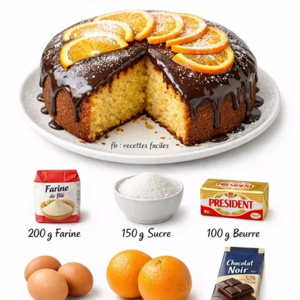 Recette de Gâteau Orange Chocolat avec un topping au chocolat et zestes d'orange