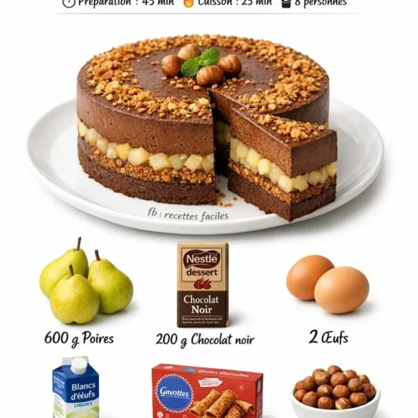 Gâteau poire chocolat crousti-fondant, un dessert gourmand et savoureux.