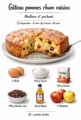 Gâteau pommes rhum raisins moelleux avec morceaux de pommes et raisins secs