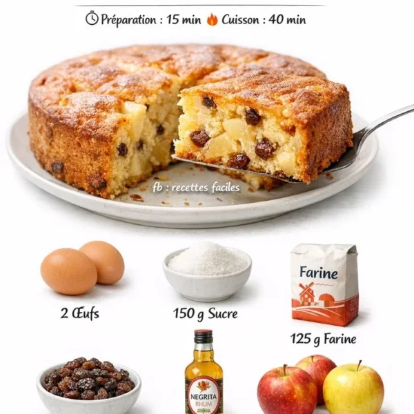 Gâteau pommes rhum raisins moelleux avec morceaux de pommes et raisins secs
