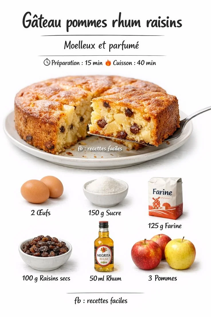Gâteau pommes rhum raisins