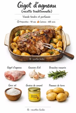 Gigot d’agneau rôti avec herbes et légumes, recette traditionnelle.