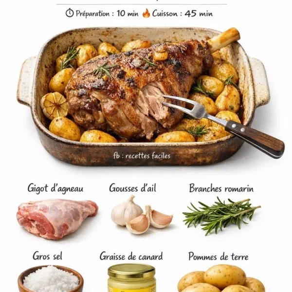Gigot d’agneau rôti avec herbes et légumes, recette traditionnelle.