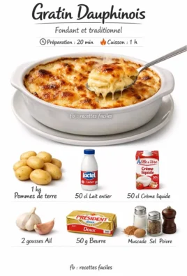 Plat de Gratin Dauphinois, pommes de terre crémeuses et fromage gratiné