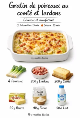 Gratin de Poireaux au Comté et Lardons, plat savoureux et réconfortant.