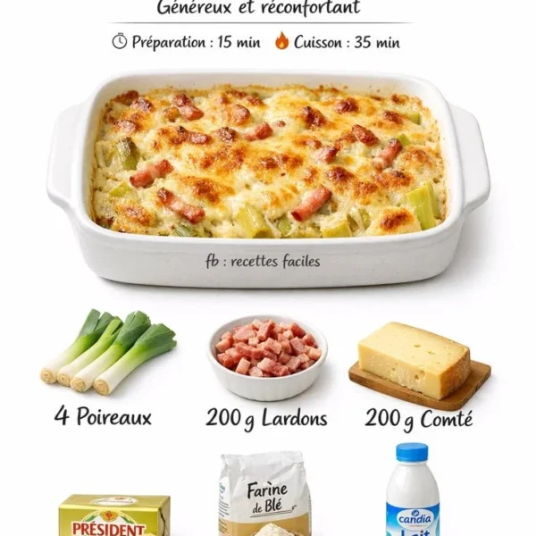 Gratin de Poireaux au Comté et Lardons, plat savoureux et réconfortant.