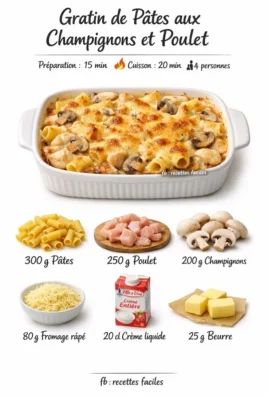 Gratin de poulet et pâtes savoureux avec fromage fondu