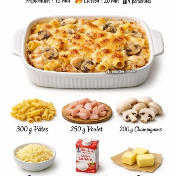 Gratin de poulet et pâtes savoureux avec fromage fondu