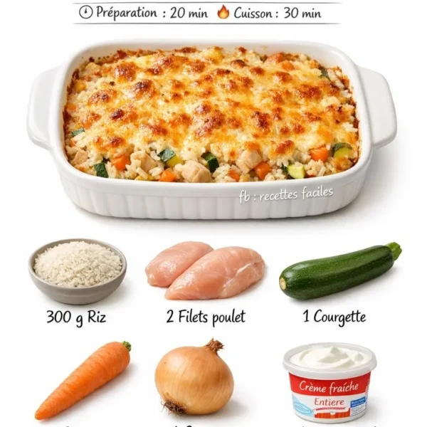 Gratin de riz au poulet et légumes, plat savoureux et réconfortant