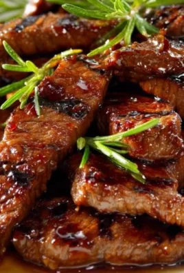 Grill pan honey glazed steak strips served on a plate
