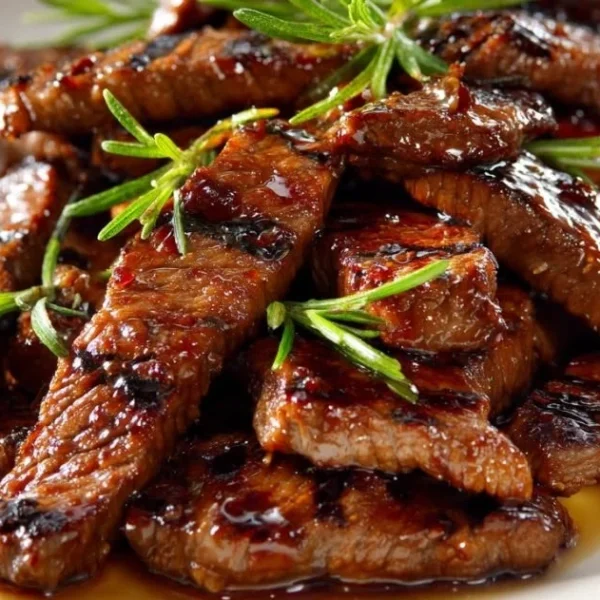 Grill pan honey glazed steak strips served on a plate