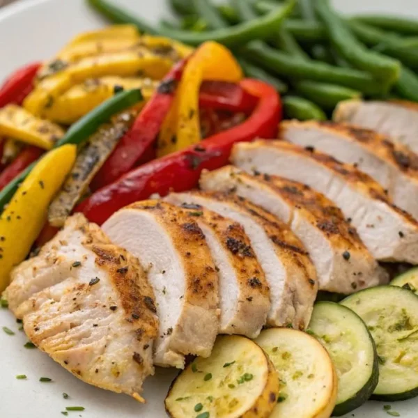 Grilled garlic herb chicken with colorful veggies on a platter