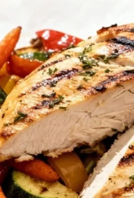 Plate of grilled lemon herb chicken served with colorful roasted vegetables.