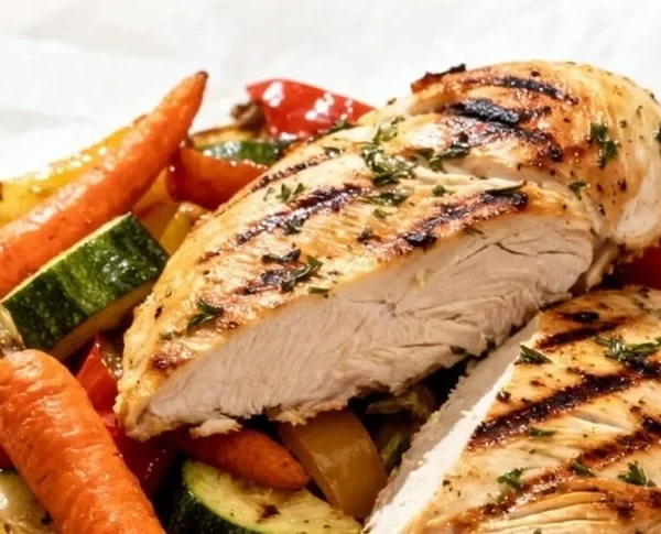 Plate of grilled lemon herb chicken served with colorful roasted vegetables.