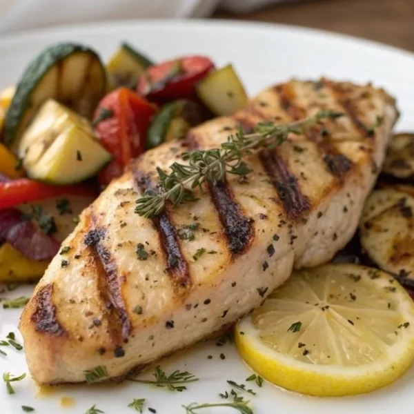 Grilled lemon herb chicken served with a side of roasted vegetables