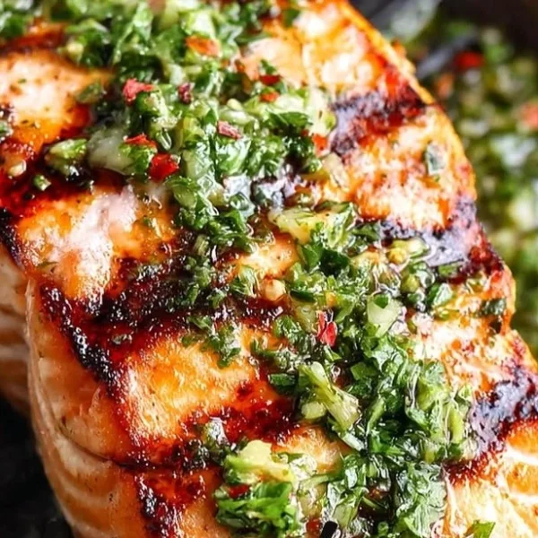 Grilled salmon fillet topped with vibrant chimichurri sauce
