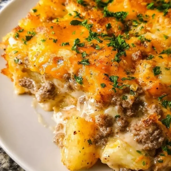 Delicious homemade Hamburger Hashbrown Casserole with ground beef and crispy hashbrowns