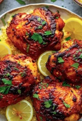 Plate of spicy Harissa Chicken garnished with fresh herbs.