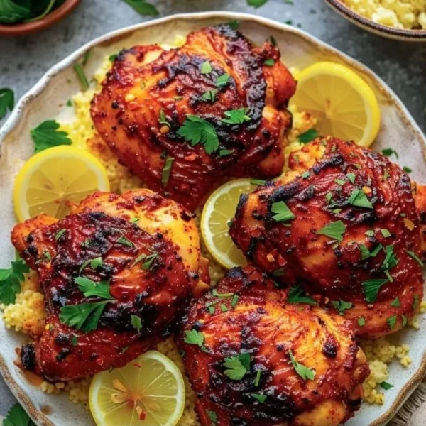 Plate of spicy Harissa Chicken garnished with fresh herbs.