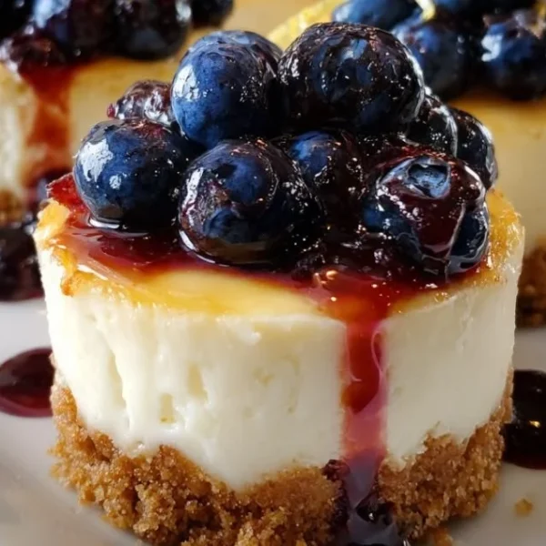 Healthy mini lemon blueberry cheesecakes topped with fresh berries.