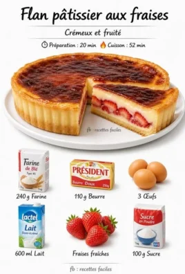 Homemade strawberry flan pâtissier topped with fresh strawberries