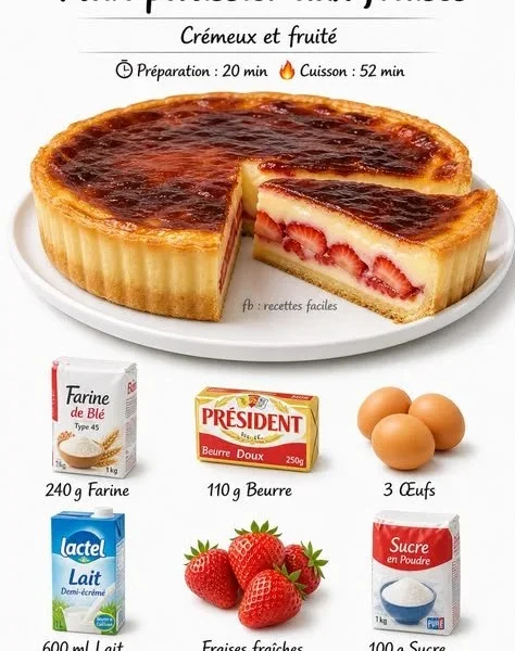 Homemade strawberry flan pâtissier topped with fresh strawberries
