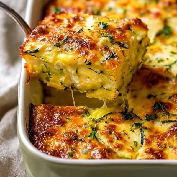 Delicious homemade yellow squash and zucchini casserole in a baking dish.