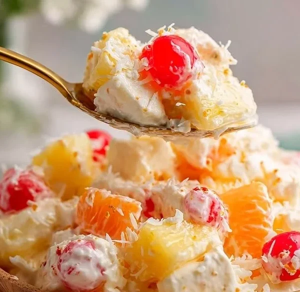 A bowl of irresistible ambrosia fruit salad with colorful fruits and creamy dressing.
