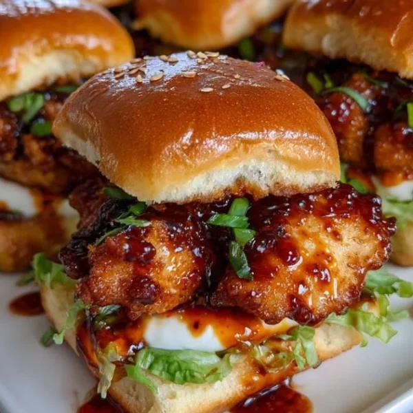 Jimmy's Bang Bang Chicken Sliders served on a platter with garnishes.
