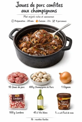 Joues de porc confites aux champignons et vin blanc dans un plat savoureux.