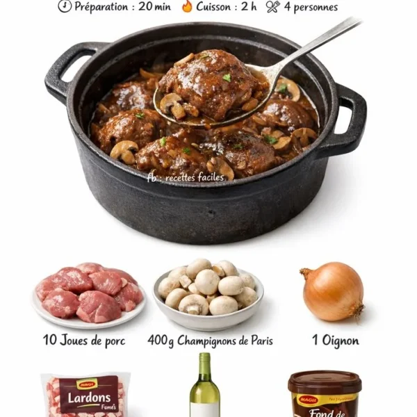 Joues de porc confites aux champignons et vin blanc dans un plat savoureux.