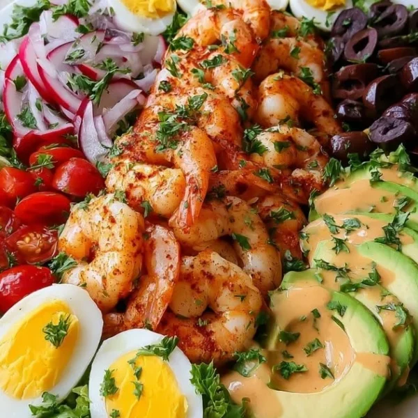 Juicy Grilled Shrimp Louie Salad with fresh vegetables and grilled shrimp