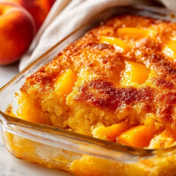 Deliciously baked juicy peach dump cake served on a plate with fresh peaches