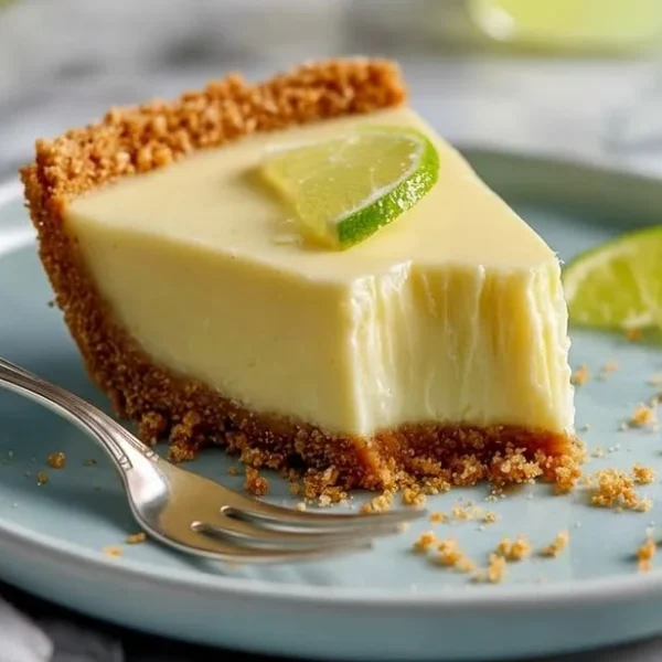 Delicious slice of Key Lime Pie on a plate with a slice of lime garnish