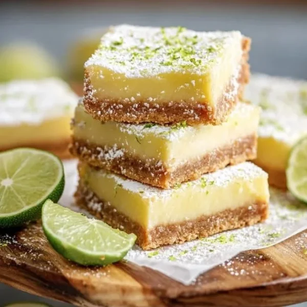 Key Lime Pie Bars on a plate with a lime wedge and graham cracker crust