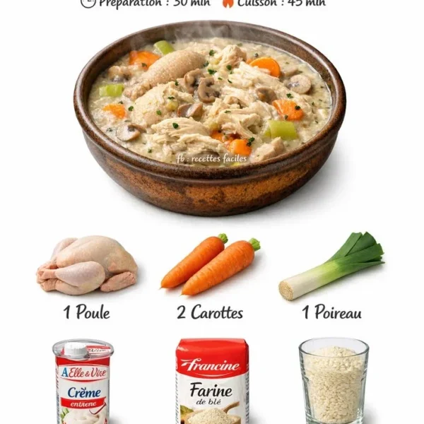 Une délicieuse Poule au Riz préparée selon la recette de la Mère Michèle.
