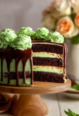 Slice of layered mint julep cake with mint leaves and bourbon frosting